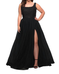 La Femme - A - line Tulle Prom Dress - Plus - black - clothing - dresses