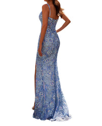 La Femme - Amazing Print Sequin Prom Dress - blue - clothing - dresses