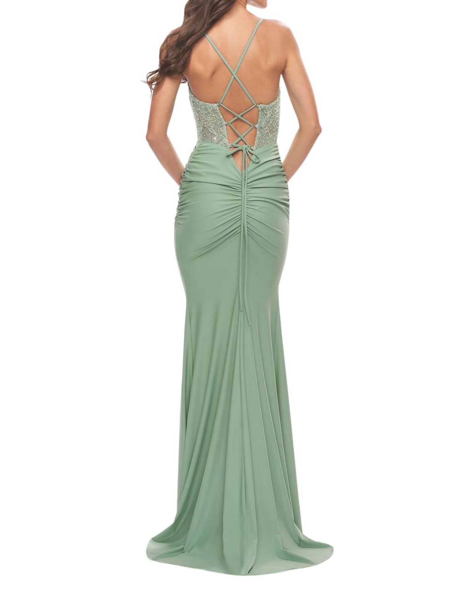 La Femme - Beaded Lace V - neck Prom Dress - clothing - dresses - green