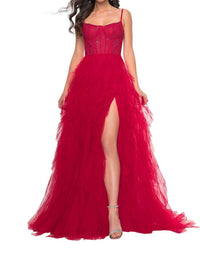 La Femme - Bustier Fishnet Top Ruffle Tulle Skirt Prom Dress - clothing - dresses - patterned