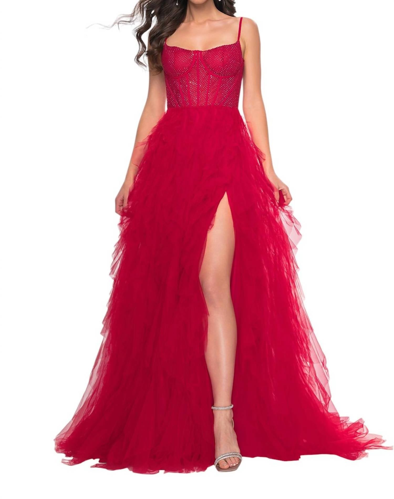 La Femme - Bustier Fishnet Top Ruffle Tulle Skirt Prom Dress - clothing - dresses - patterned