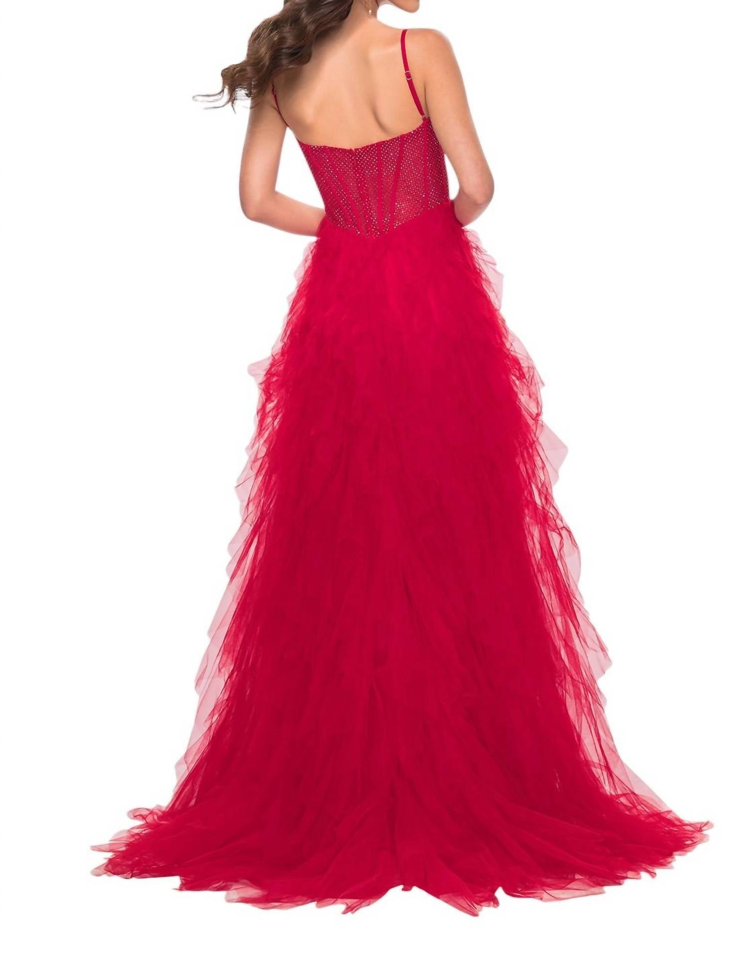 La Femme - Bustier Fishnet Top Ruffle Tulle Skirt Prom Dress - clothing - dresses - patterned