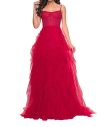 La Femme - Bustier Fishnet Top Ruffle Tulle Skirt Prom Dress - clothing - dresses - patterned
