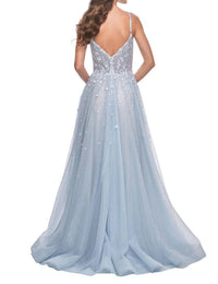 La Femme - Floral Rhinestone Prom Dress - blue - clothing - dresses