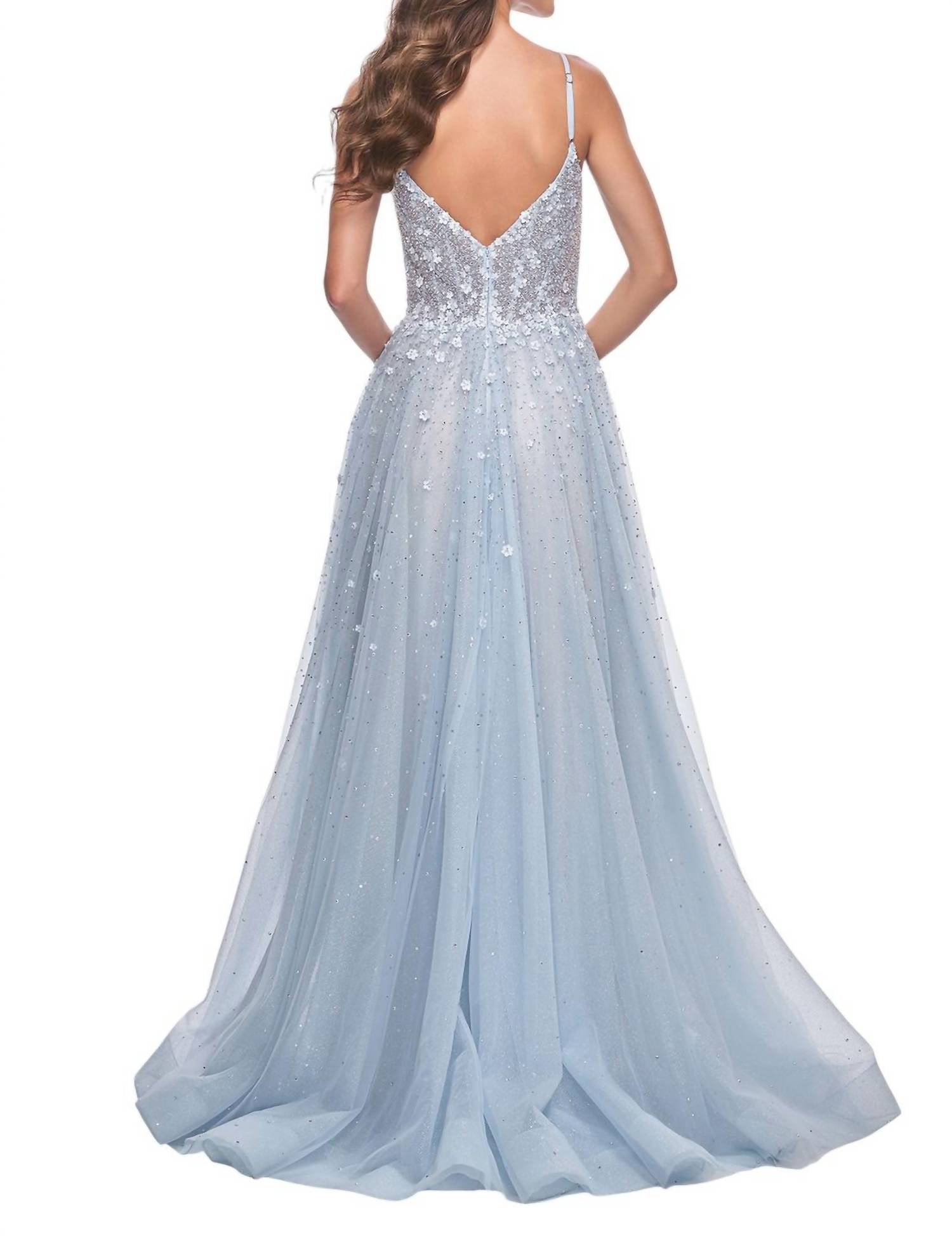 La Femme - Floral Rhinestone Prom Dress - blue - clothing - dresses