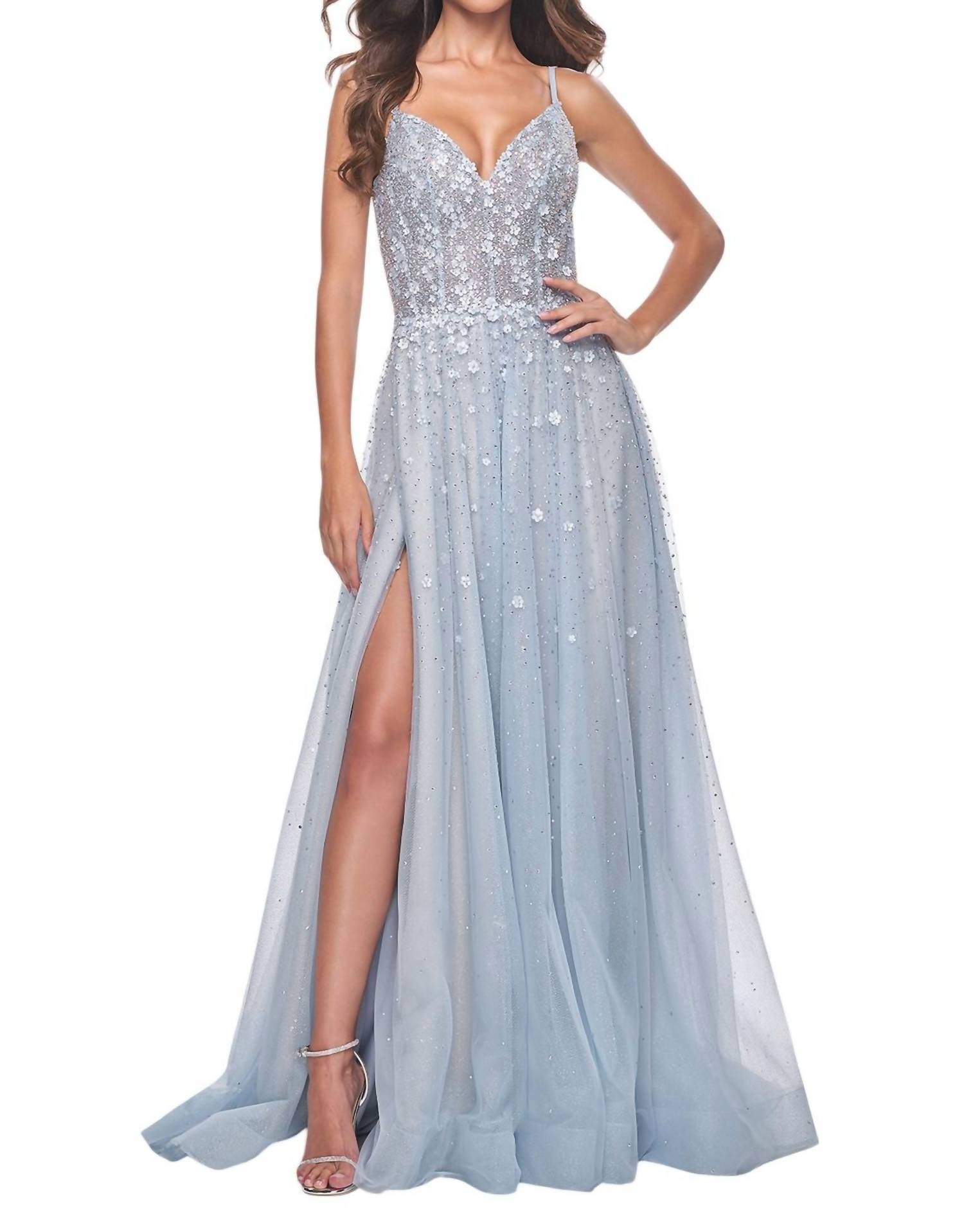La Femme - Floral Rhinestone Prom Dress - blue - clothing - dresses