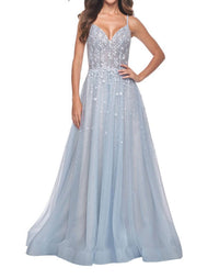 La Femme - Floral Rhinestone Prom Dress - blue - clothing - dresses
