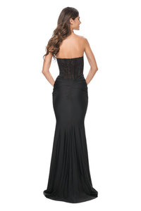 La Femme - Fully Rhinestone Fishnet Bodice Prom Dress - black - clothing - dresses