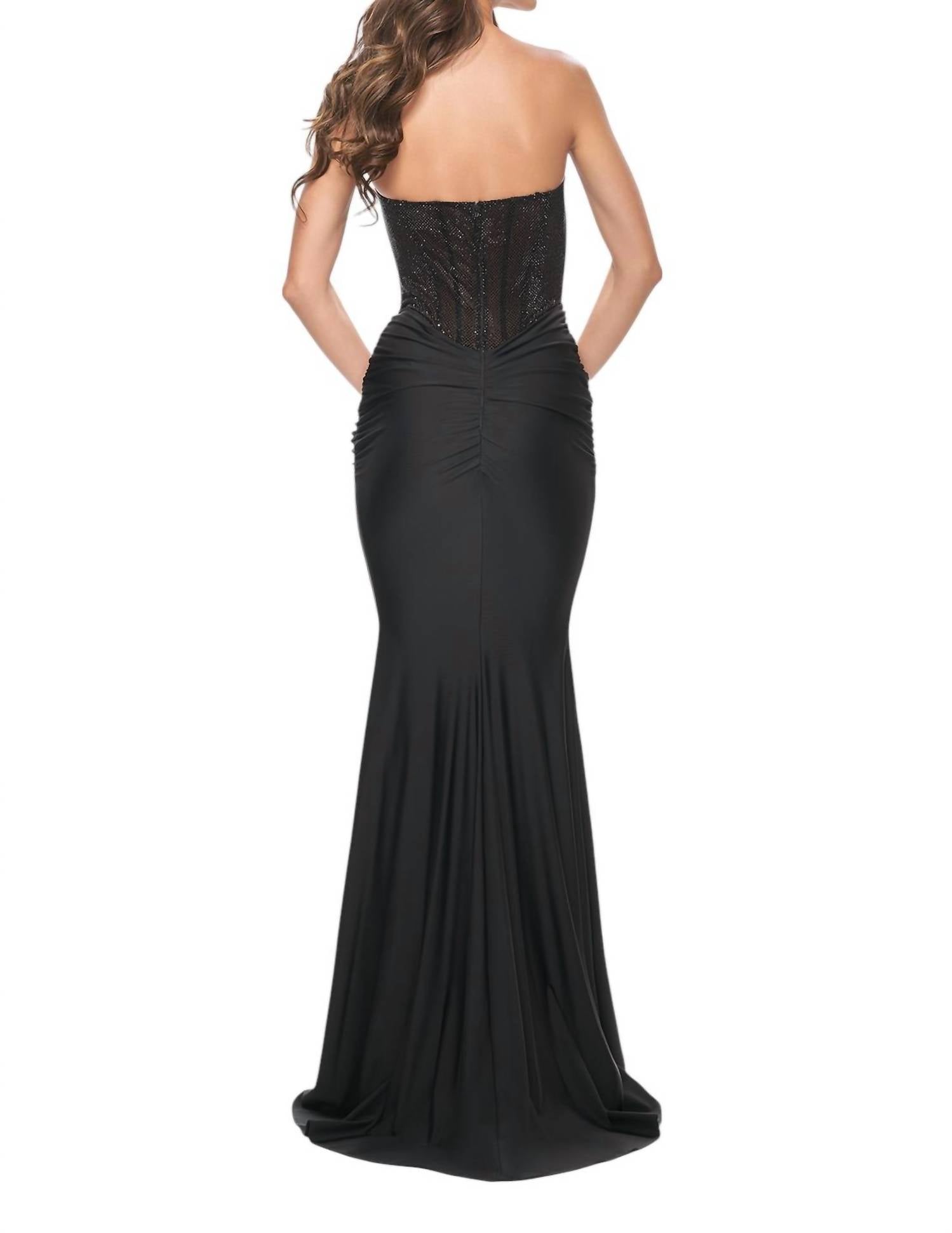 La Femme - Fully Rhinestone Fishnet Bodice Prom Dress - black - clothing - dresses