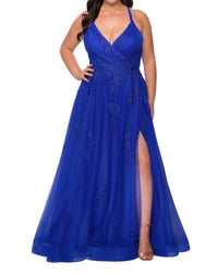 La Femme - Gorgeous A - line Prom Dress - Plus - blue - clothing - dresses