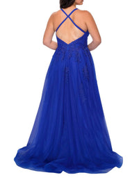 La Femme - Gorgeous A - line Prom Dress - Plus - blue - clothing - dresses