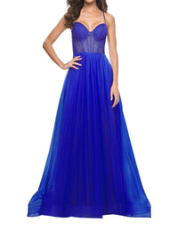 La Femme - Illusion Corset Bustier Top Prom Dress - blue - clothing - dresses