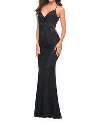 La Femme - Illusion Stretch Lace Prom Dress - black - clothing - dresses
