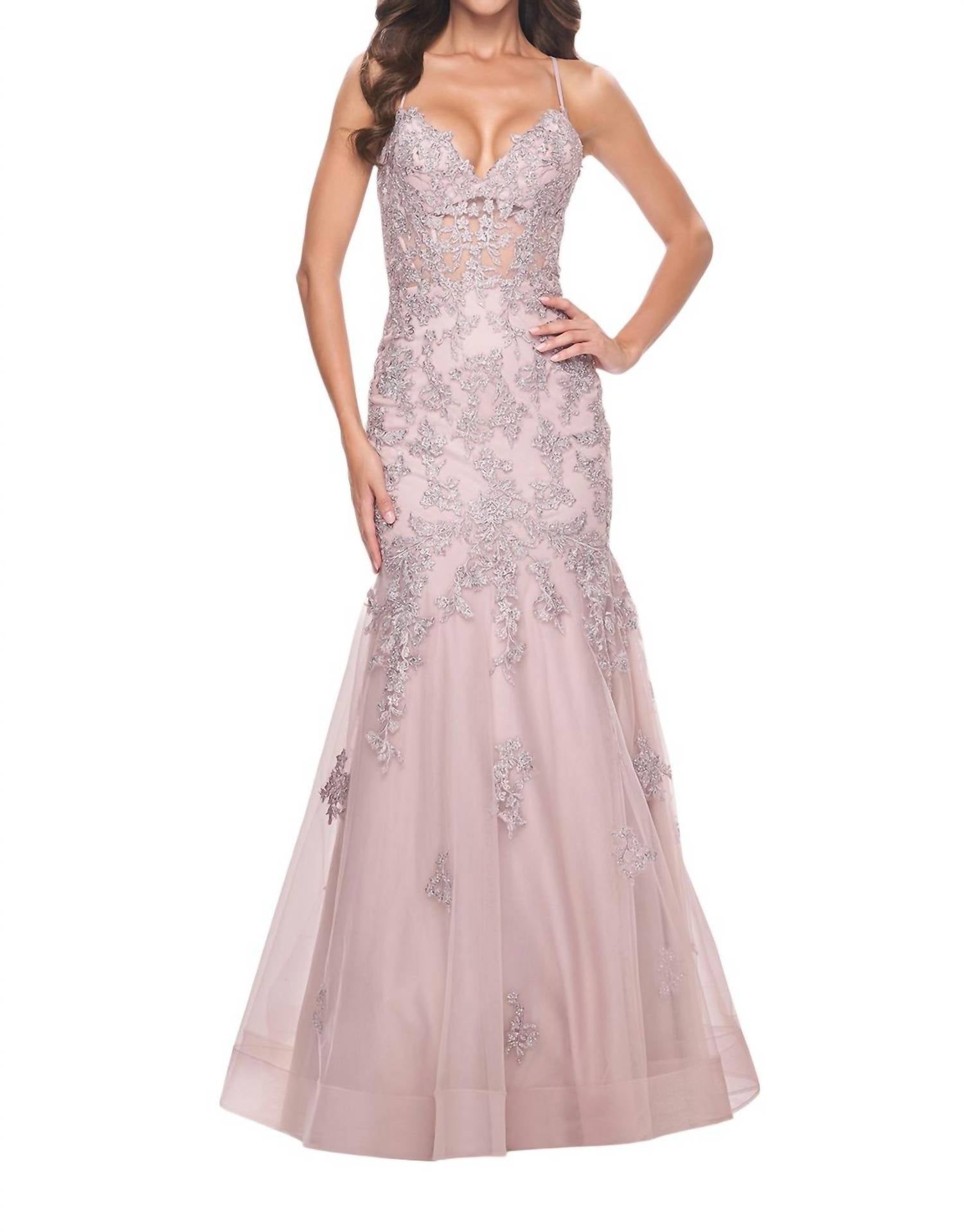 La Femme - Illusion Waist Mermaid Prom Dress - beige - clothing - dresses