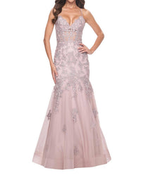 La Femme - Illusion Waist Mermaid Prom Dress - beige - clothing - dresses