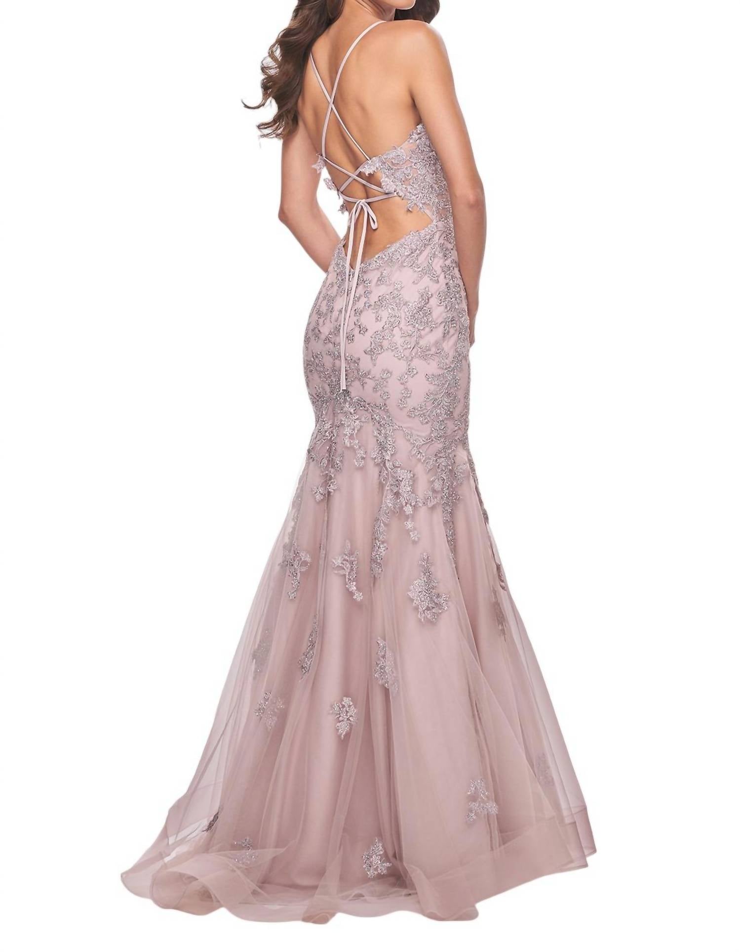 La Femme - Illusion Waist Mermaid Prom Dress - beige - clothing - dresses