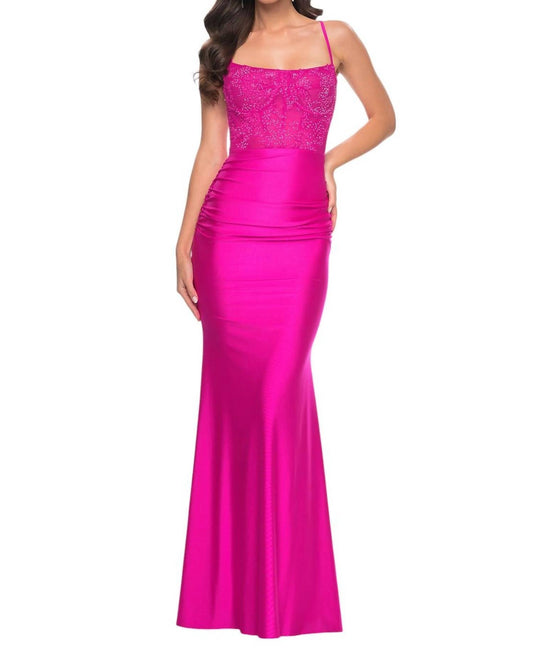 La Femme - Lace Bodice Fitted Prom Dress - clothing - dresses - lace