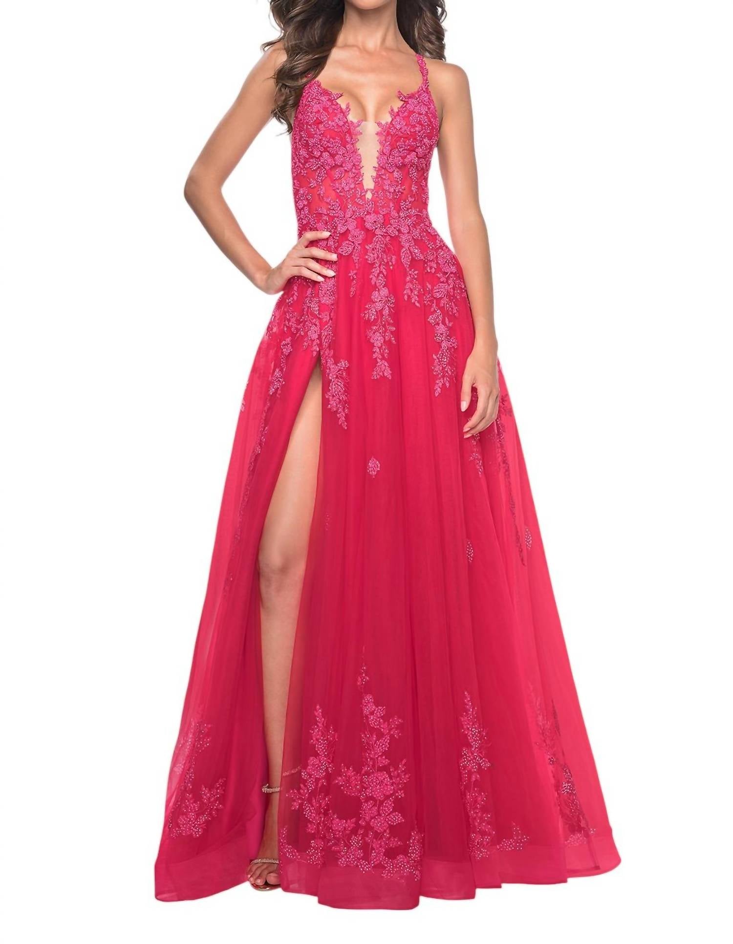 La Femme - Lace - detailed A - line Prom Dress - clothing - dresses - lace
