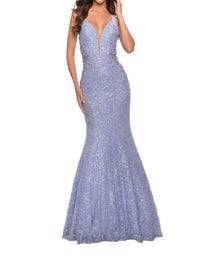 La Femme - Mermaid Beaded Lace Prom Dress - blue - clothing - dresses