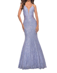 La Femme - Mermaid Beaded Lace Prom Dress - blue - clothing - dresses