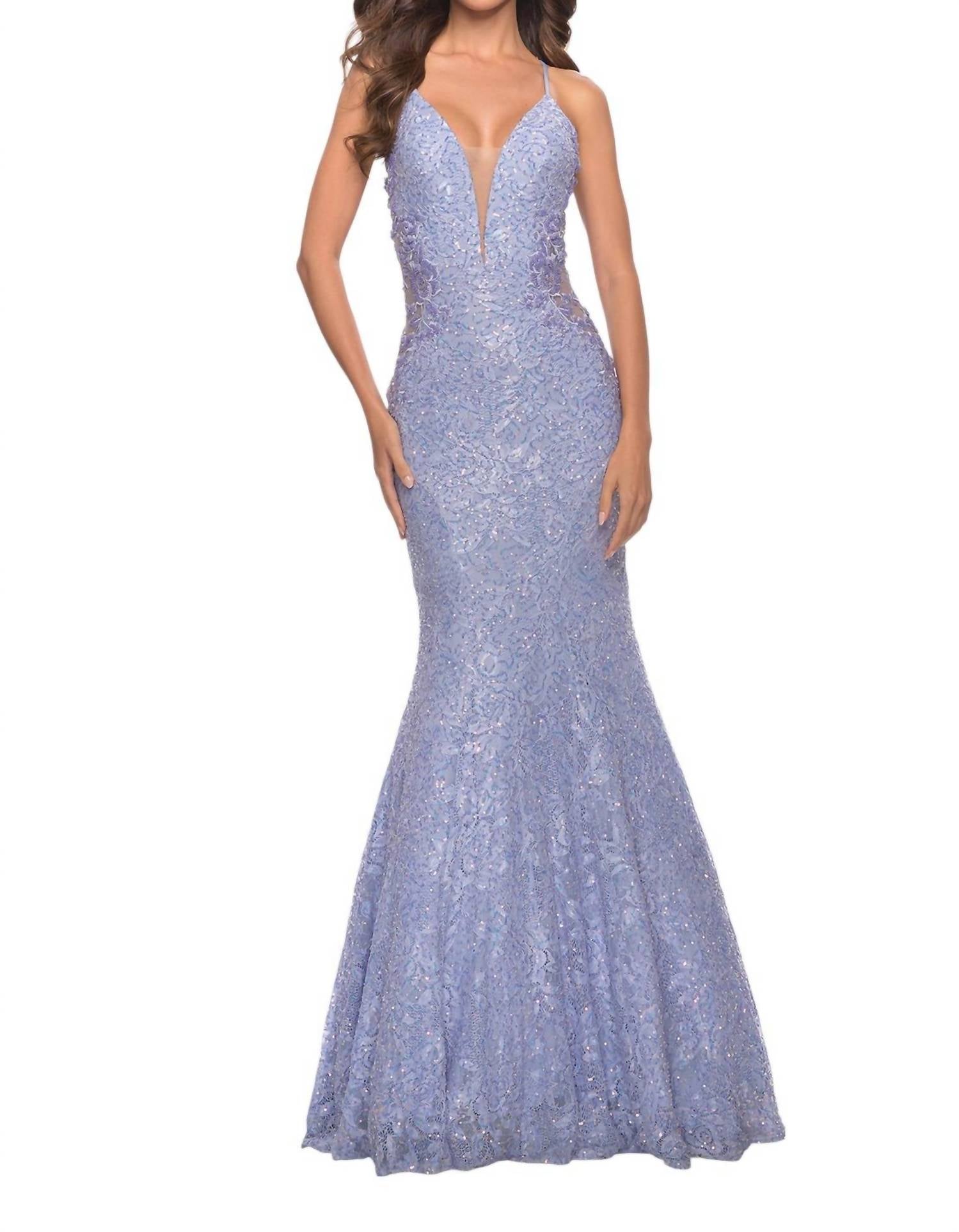 La Femme - Mermaid Beaded Lace Prom Dress - blue - clothing - dresses