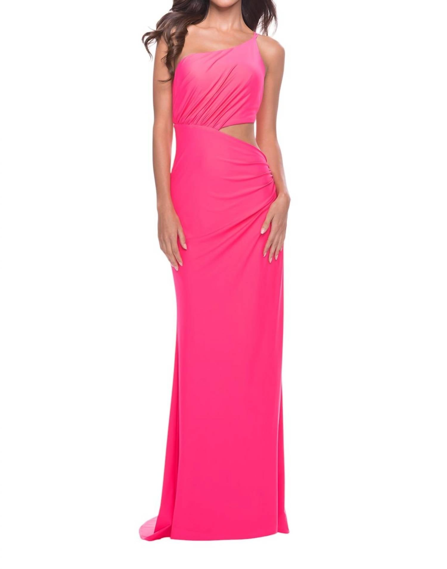 La Femme - One Shoulder Side Cut Out Prom Dress - clothing - dresses - pink