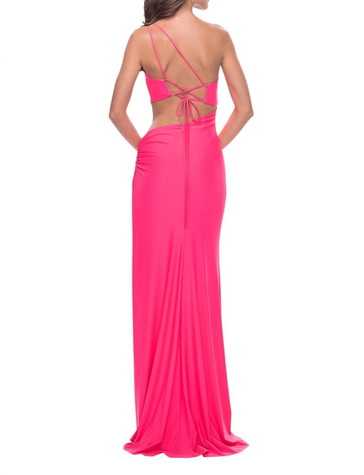 La Femme - One Shoulder Side Cut Out Prom Dress - clothing - dresses - pink