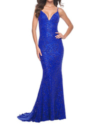 La Femme - Remarkable Beaded Lace Mermaid Prom Dress - blue - clothing - dresses