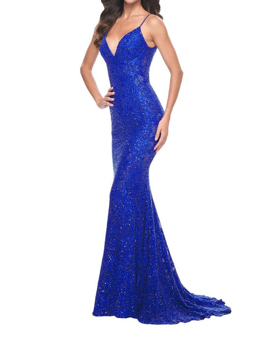 La Femme - Remarkable Beaded Lace Mermaid Prom Dress - blue - clothing - dresses