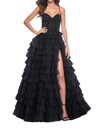 La Femme - Rhinestone Bodice Full Ruffle Skirt Prom Dress - black - clothing - dresses