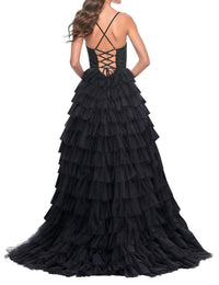 La Femme - Rhinestone Bodice Full Ruffle Skirt Prom Dress - black - clothing - dresses