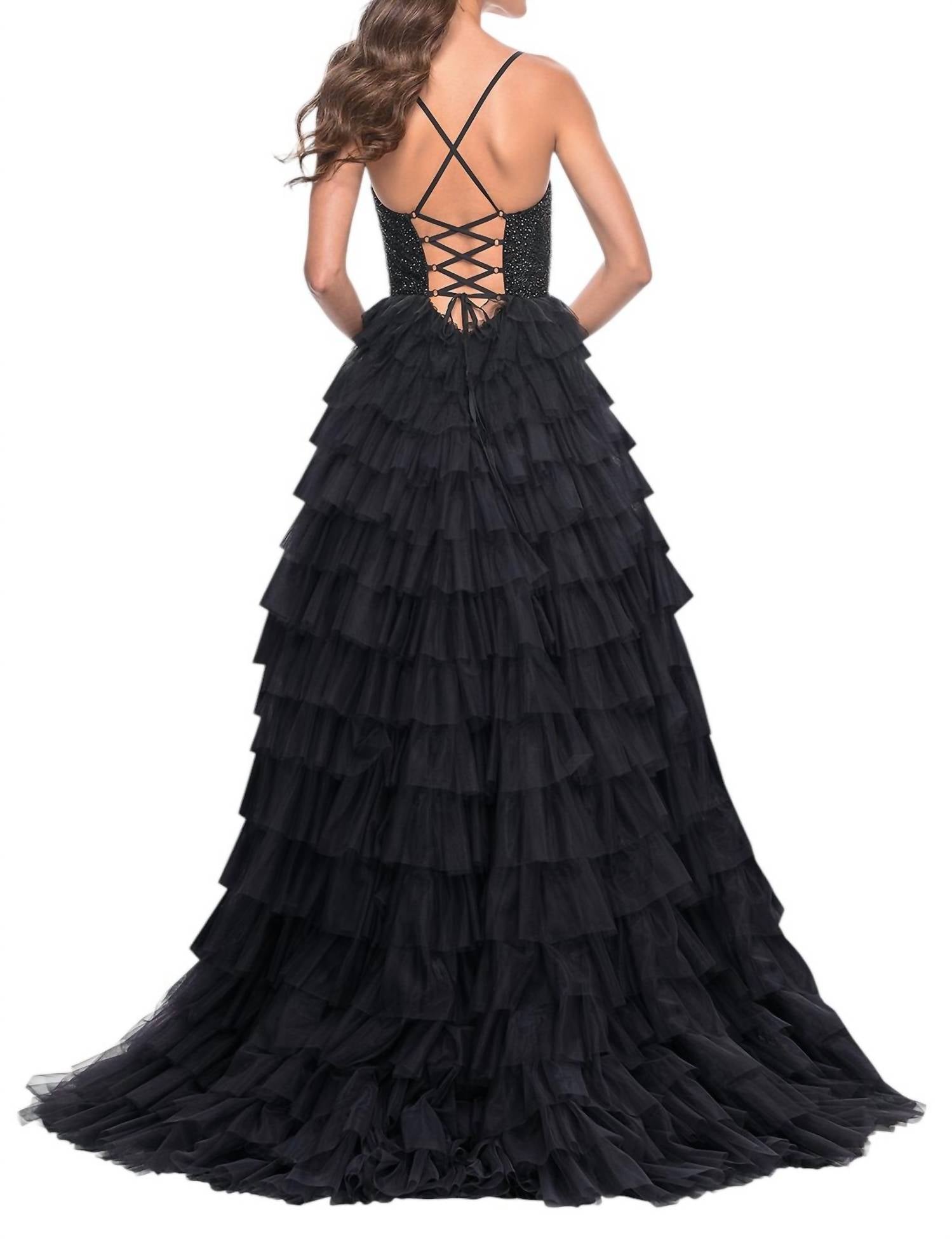 La Femme - Rhinestone Bodice Full Ruffle Skirt Prom Dress - black - clothing - dresses