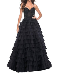 La Femme - Rhinestone Bodice Full Ruffle Skirt Prom Dress - black - clothing - dresses