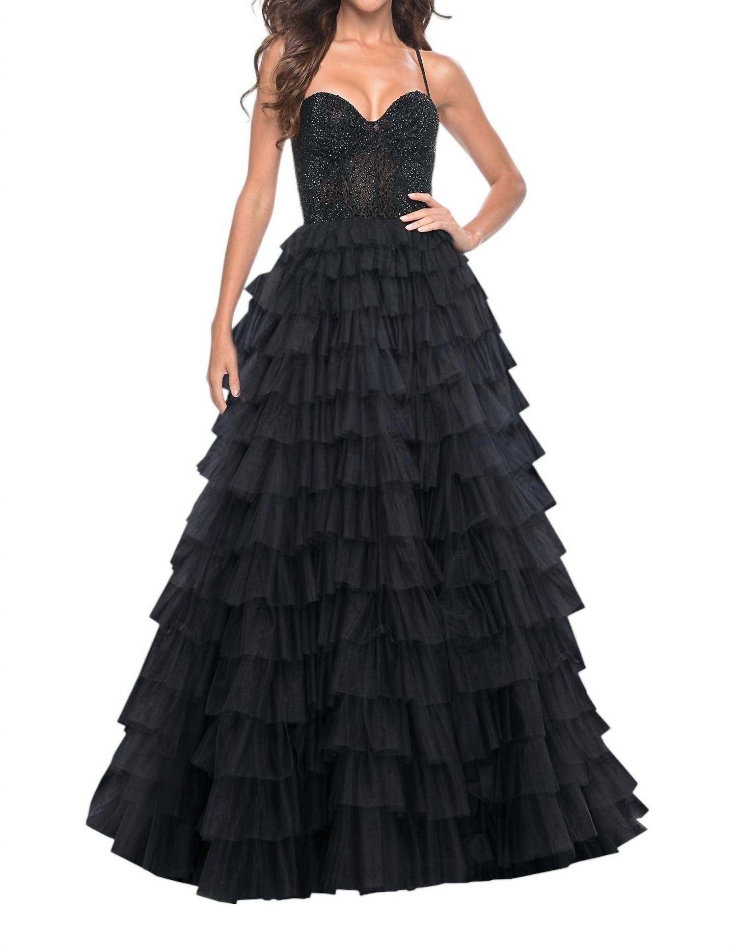 La Femme - Rhinestone Bodice Full Ruffle Skirt Prom Dress - black - clothing - dresses