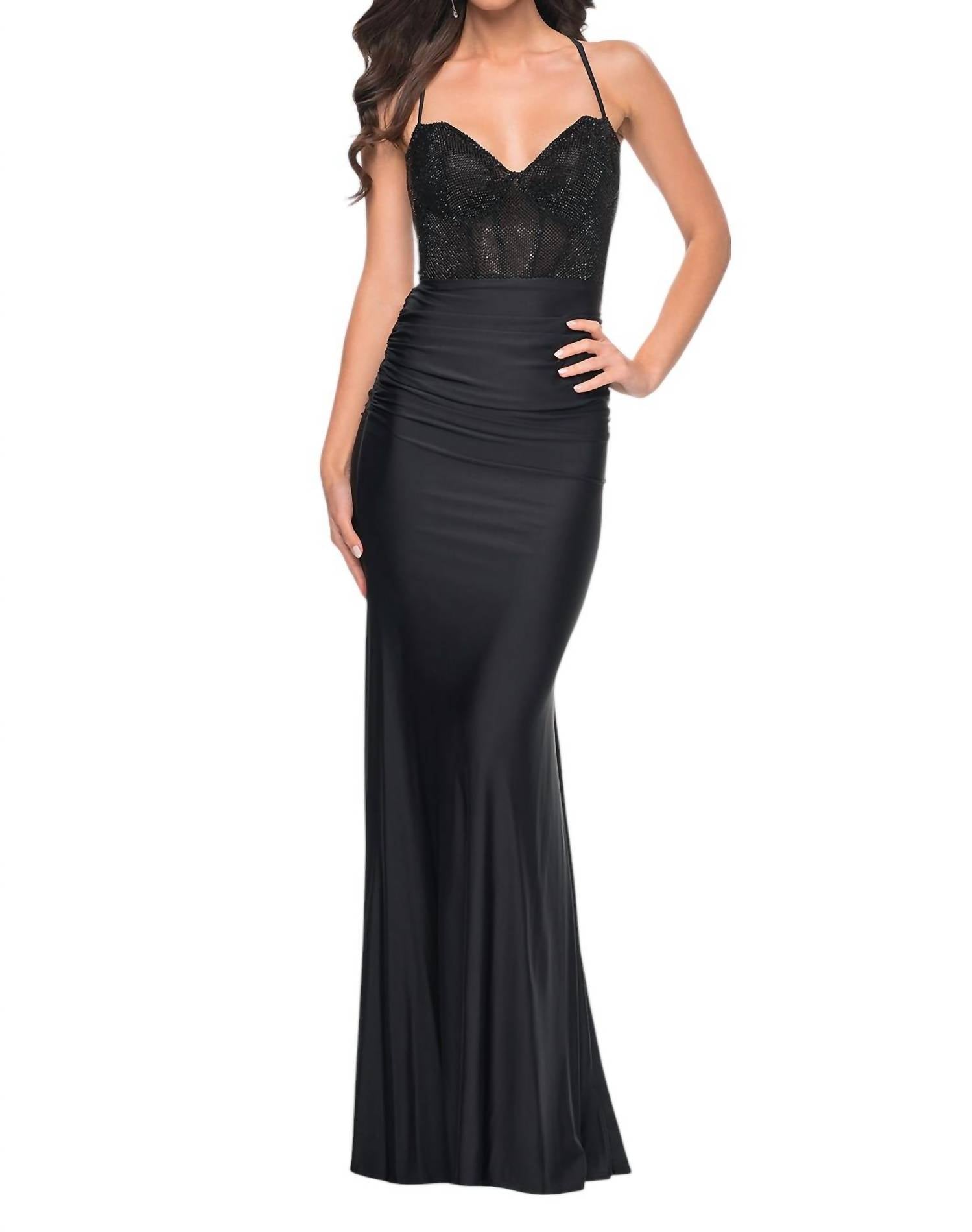 La Femme - Rhinestone Embellished Mesh Prom Dress - black - clothing - dresses