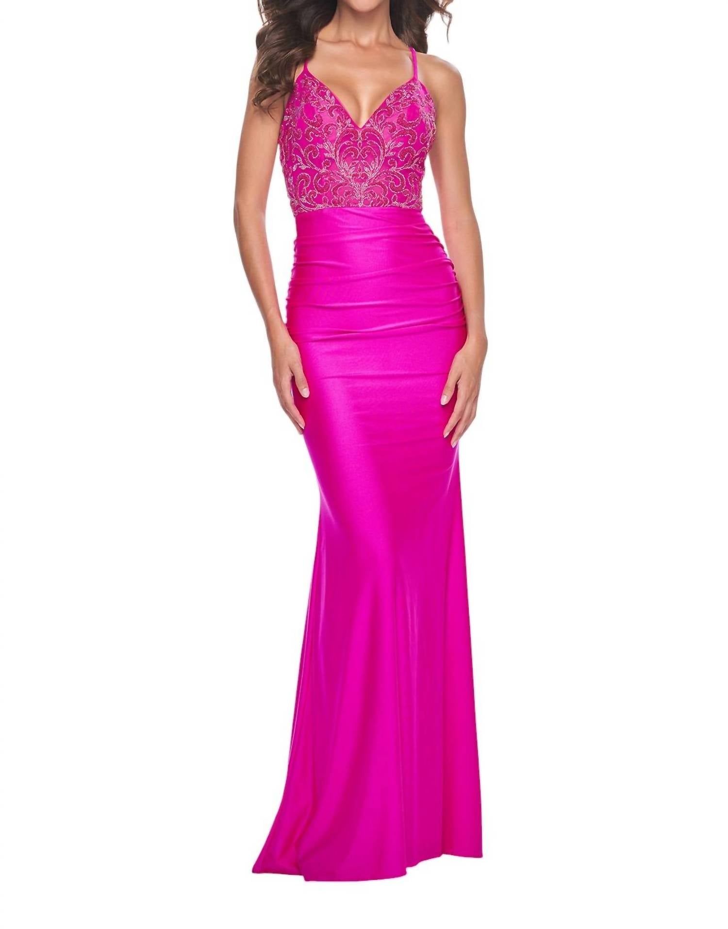 La Femme - Rhinestone Embellished Mesh Prom Dress - clothing - dresses - patterned