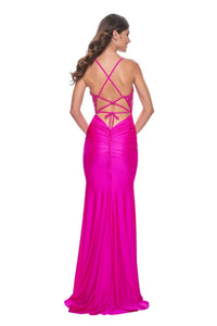 La Femme - Rhinestone Embellished Mesh Prom Dress - clothing - dresses - patterned