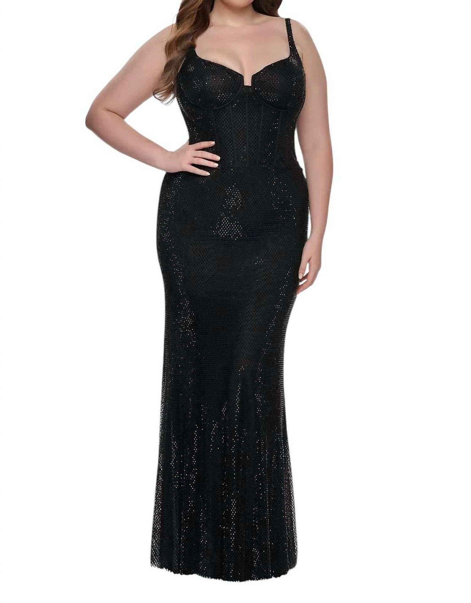 La Femme - Rhinestone Fishnet Prom Dress - Plus - black - clothing - dresses