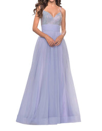 La Femme - Ruched Banded Waist Prom Dress - blue - clothing - dresses
