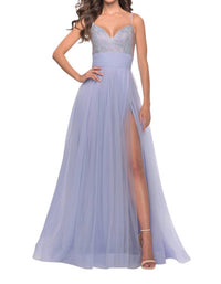 La Femme - Ruched Banded Waist Prom Dress - blue - clothing - dresses