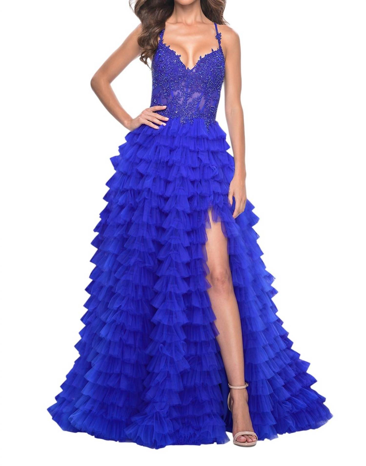 La Femme - Ruffle Tulle Tiered Skirt Prom Dress - blue - clothing - dresses