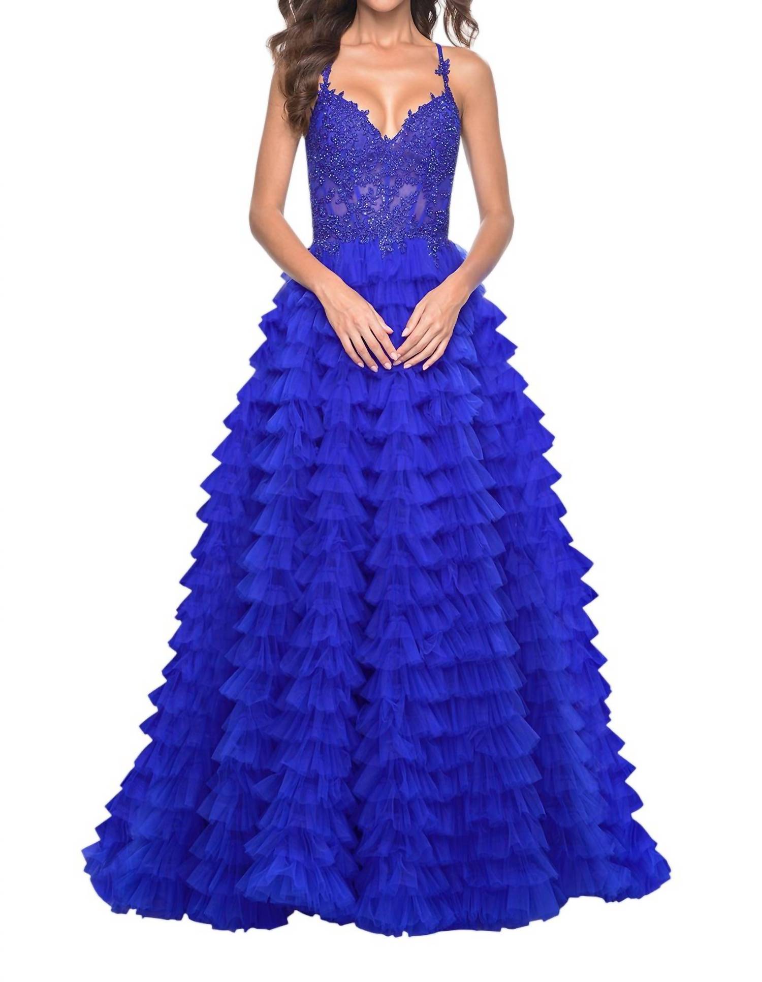La Femme - Ruffle Tulle Tiered Skirt Prom Dress - blue - clothing - dresses