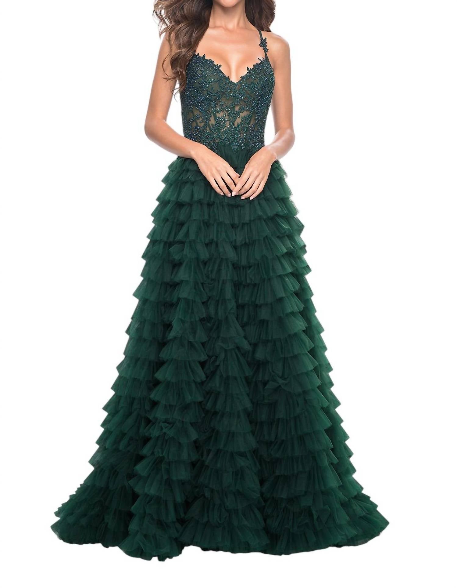 La Femme - Ruffle Tulle Tiered Skirt Prom Dress - clothing - dresses - green