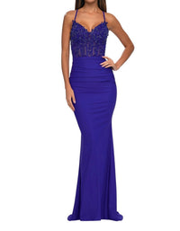 La Femme - Sheer Net Bodice Prom Dress - blue - clothing - dresses