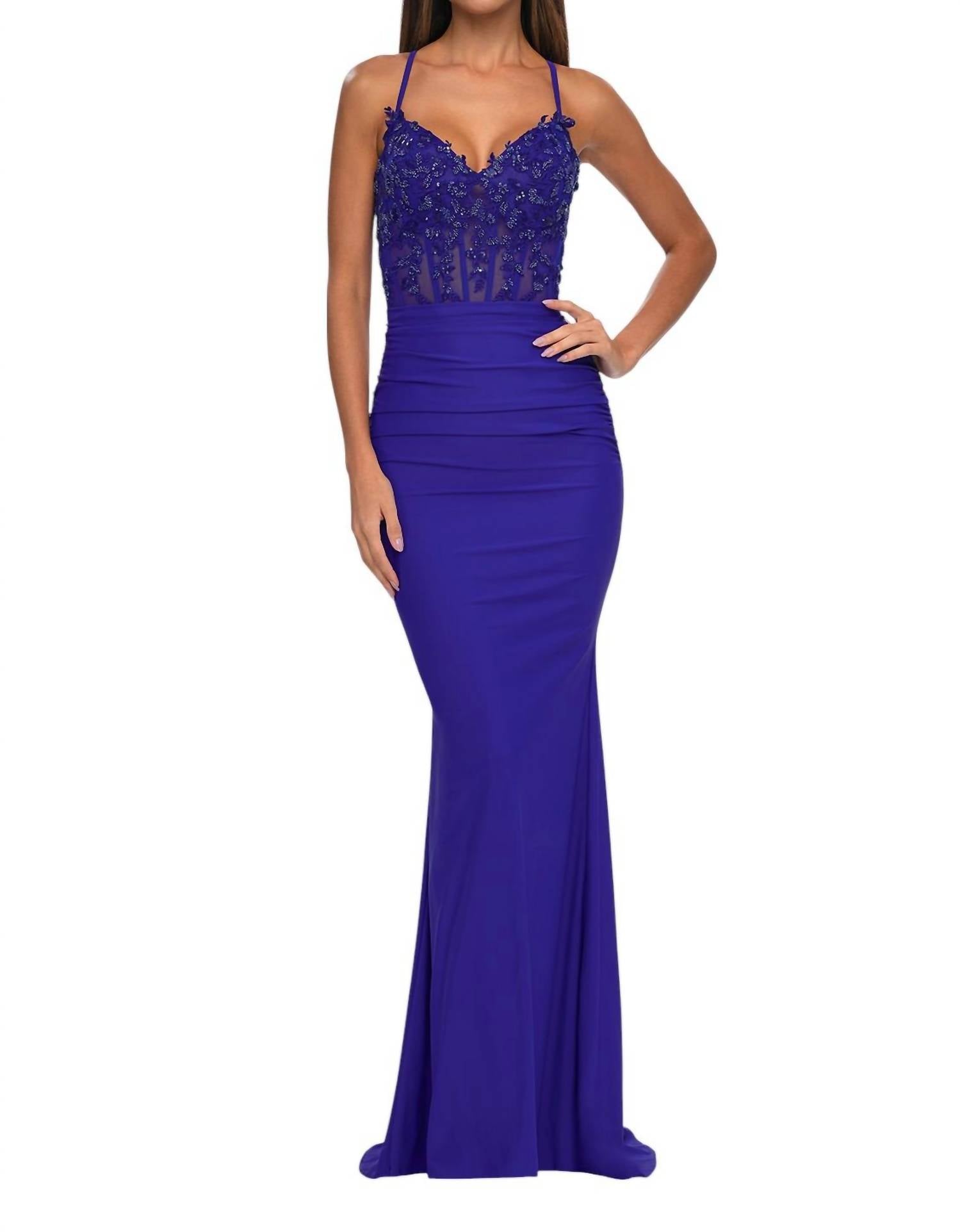 La Femme - Sheer Net Bodice Prom Dress - blue - clothing - dresses