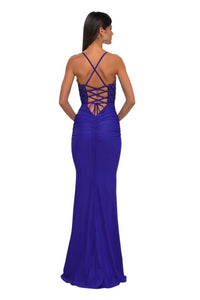 La Femme - Sheer Net Bodice Prom Dress - blue - clothing - dresses