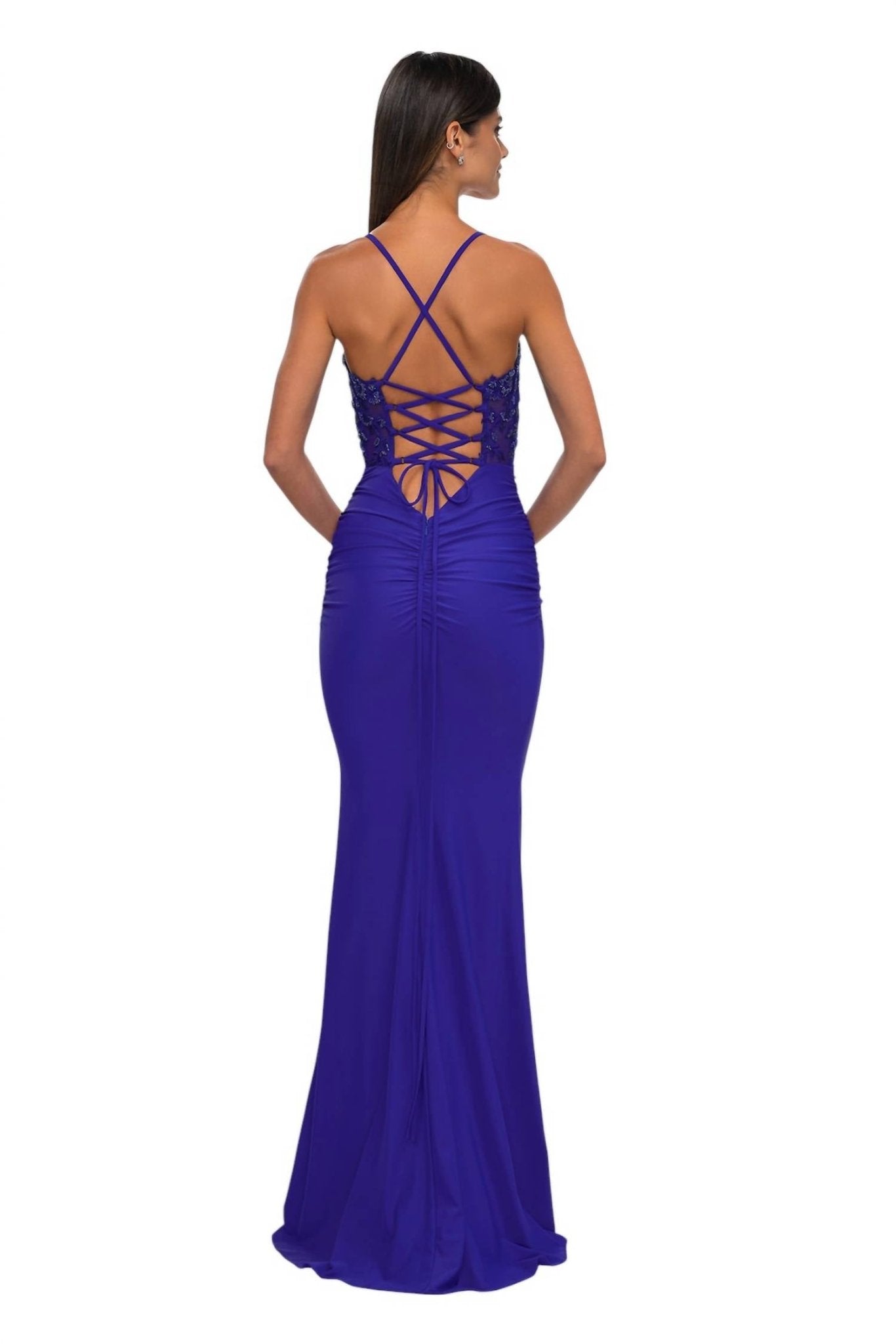 La Femme - Sheer Net Bodice Prom Dress - blue - clothing - dresses