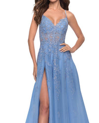 La Femme - Sheer Waist A - line Prom Dress - blue - clothing - dresses