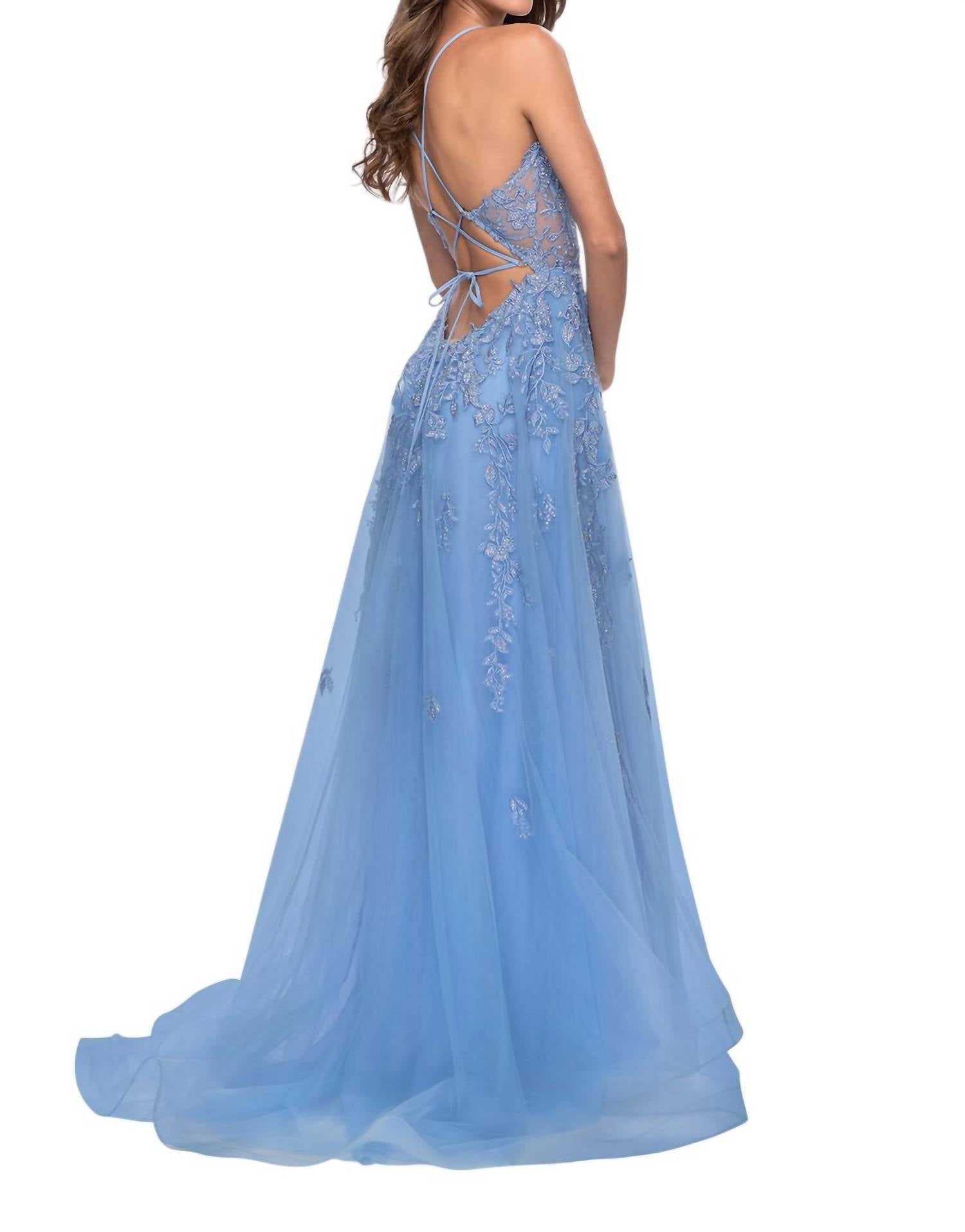 La Femme - Sheer Waist A - line Prom Dress - blue - clothing - dresses