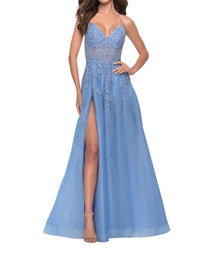 La Femme - Sheer Waist A - line Prom Dress - blue - clothing - dresses